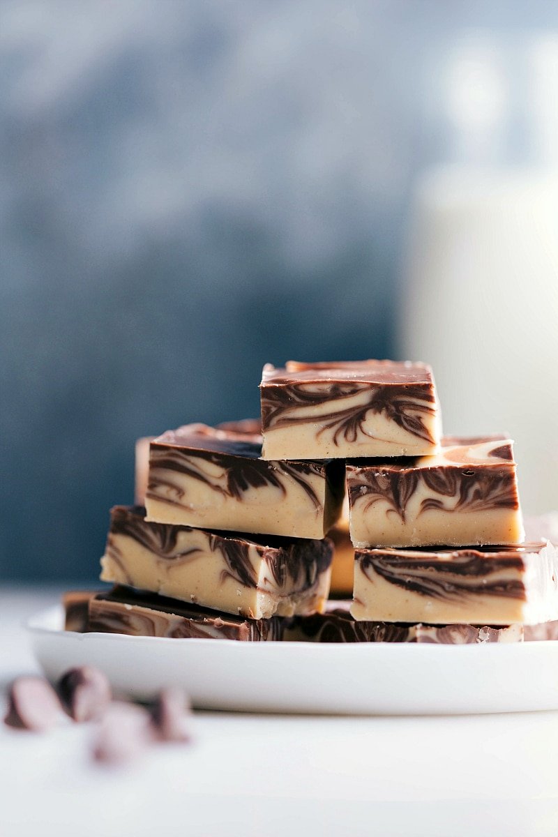 Image of the Tiger Butter Fudge stacked on top of each other, ready to be eaten.