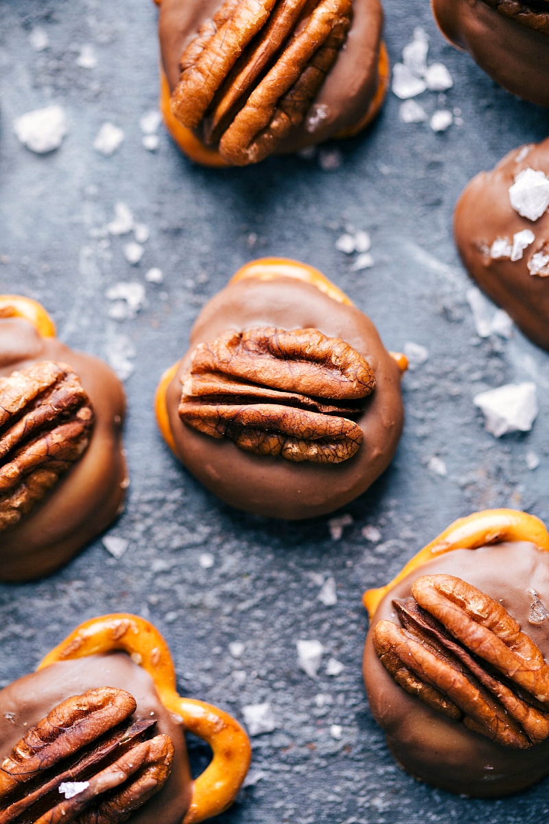 Finished sweet and savory turtle candies, ready for indulgence.