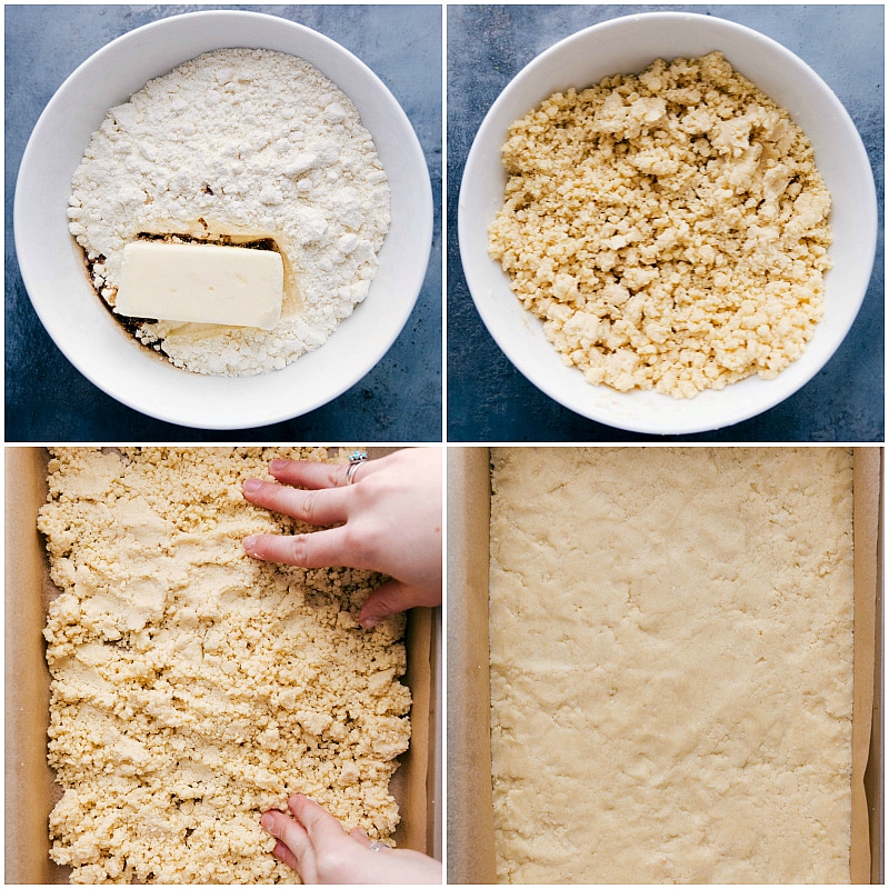 Process shot-- image of the cookie base being made for Seven Layer Pumpkin Bars.