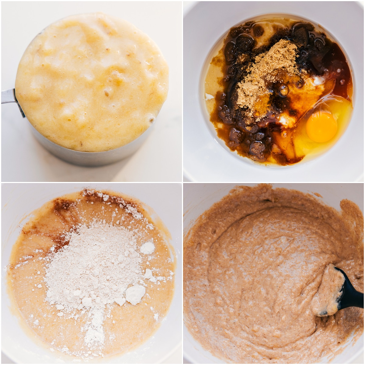 The mashed bananas are measured out, then the wet and dry ingredients are combined to make the Greek yogurt banana bread batter.