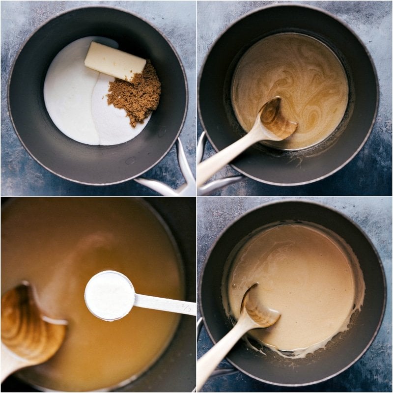 Ingredients for the buttermilk syrup recipe being added to a pan, being heated and combined.