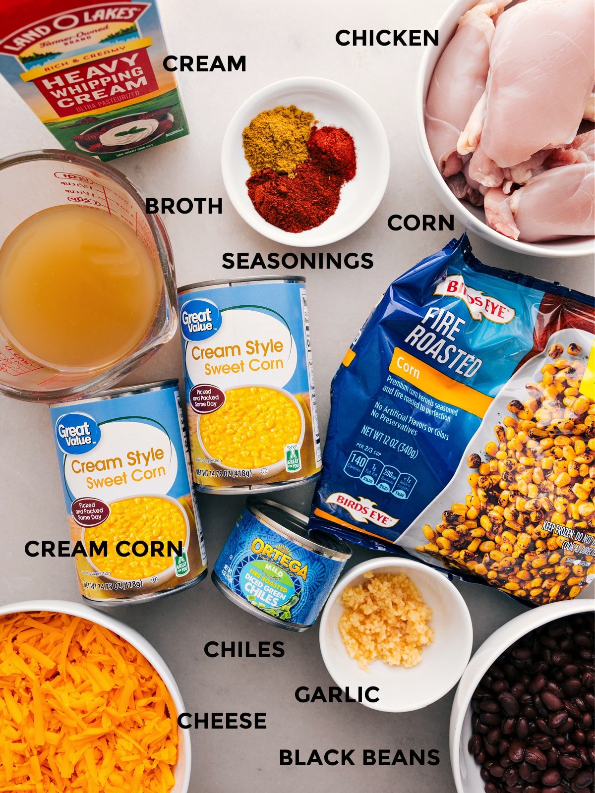 Ingredients In Chicken Corn Chowder All the ingredients—broth, seasonings, meat, veggies, black beans, chiles, and cheese—are prepped for easy assembly.