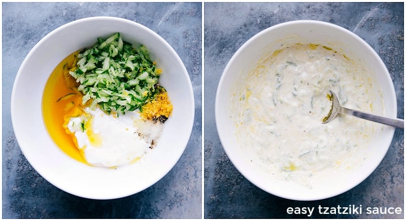 Ingredients being combined to prepare fresh tzatziki sauce.