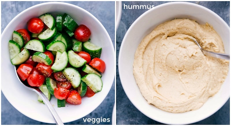 Assortment of fresh vegetables and bowl of hummus served on the side.