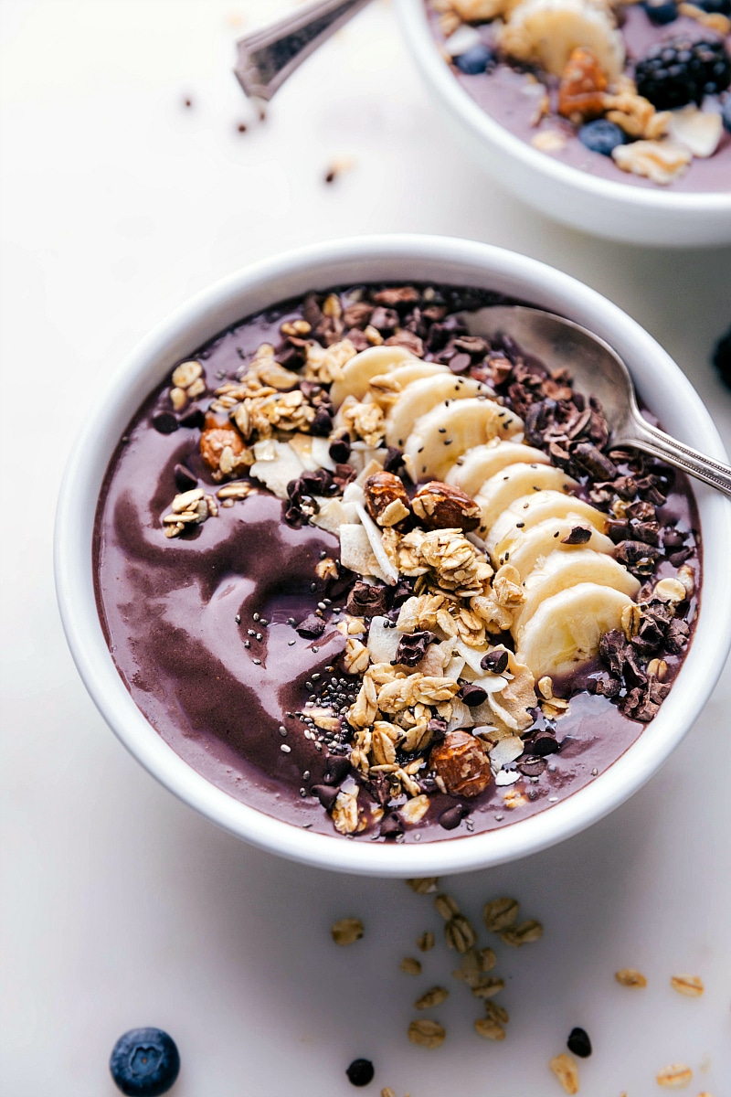 Overhead image of Açaí Bowl With Almond Butter, ready to be eaten.