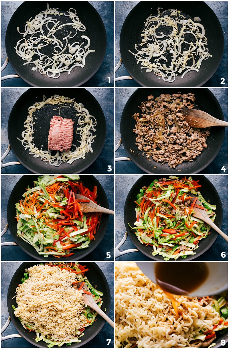 Process shot collage: onions being cooked, ginger and garlic added, pork added, pork browned, veggies added, veggies cooked down, noodles added, sauce added.