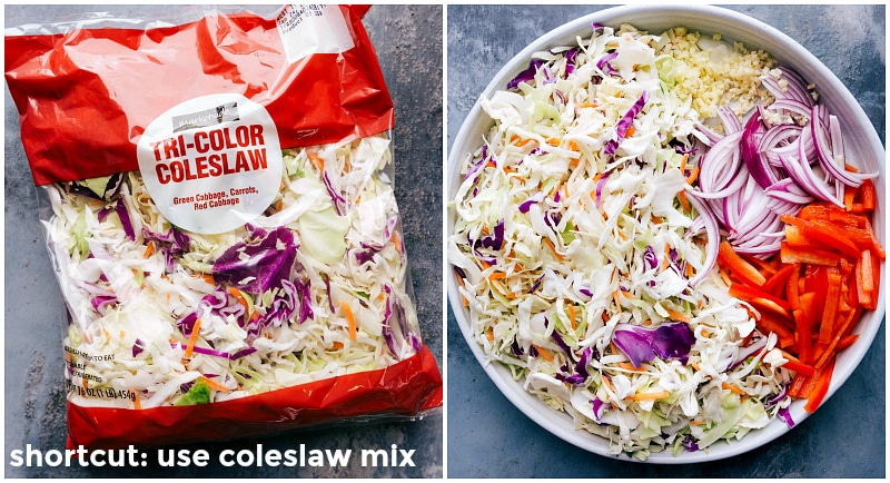 Colorful coleslaw mix and assorted vegetables, ready to be incorporated into the egg roll in a bowl.