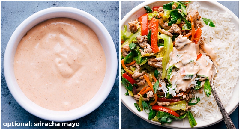 Bowl of optional sriracha mayo sauce to complement the dish, adding a spicy kick.