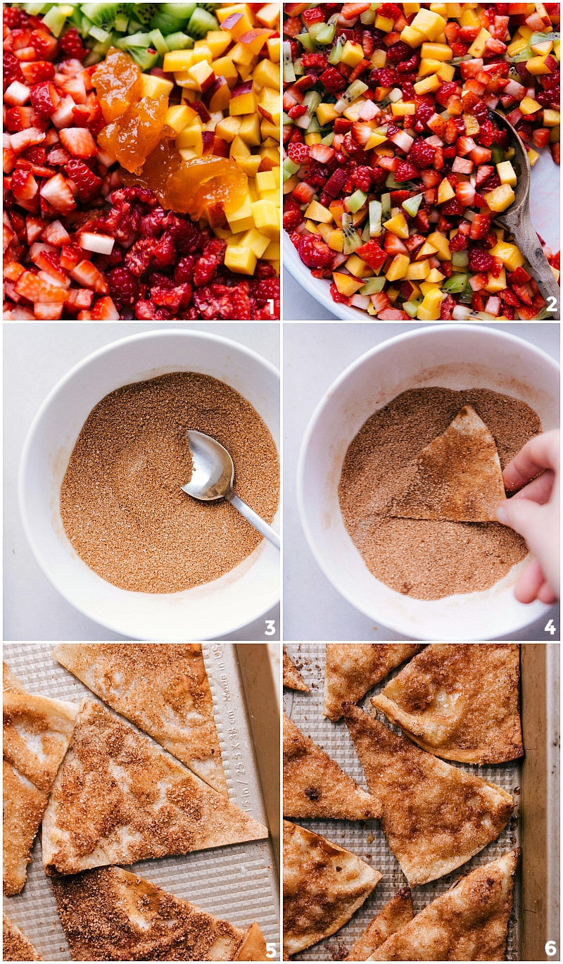 Chips being dipped in cinnamon sugar and the fresh fruit salsa being mixed together.