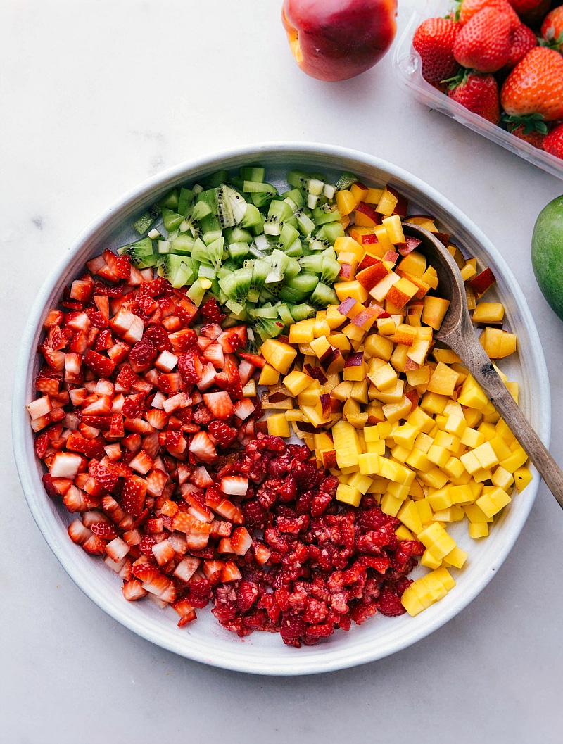 Process shots--images of all the fruit that goes in the salsa, cut up and in a bowl.