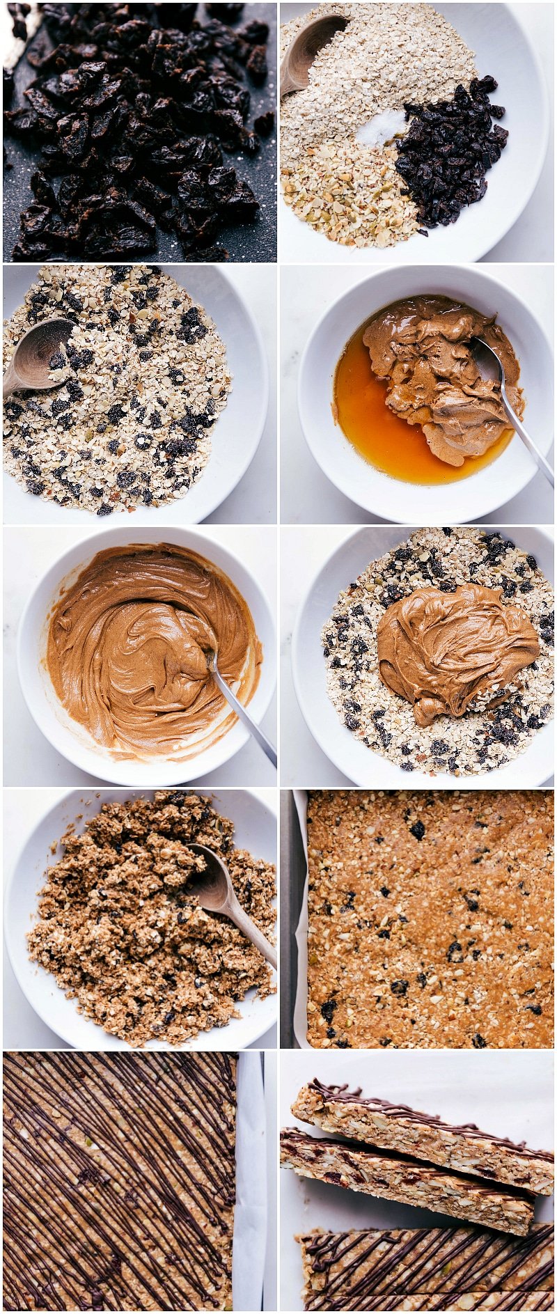 Process shots--images of the dried cherries; all the ingredients being added together in a bowl; being mixed together; the bars being put in the pan to harden; being cut and drizzled with chocolate.