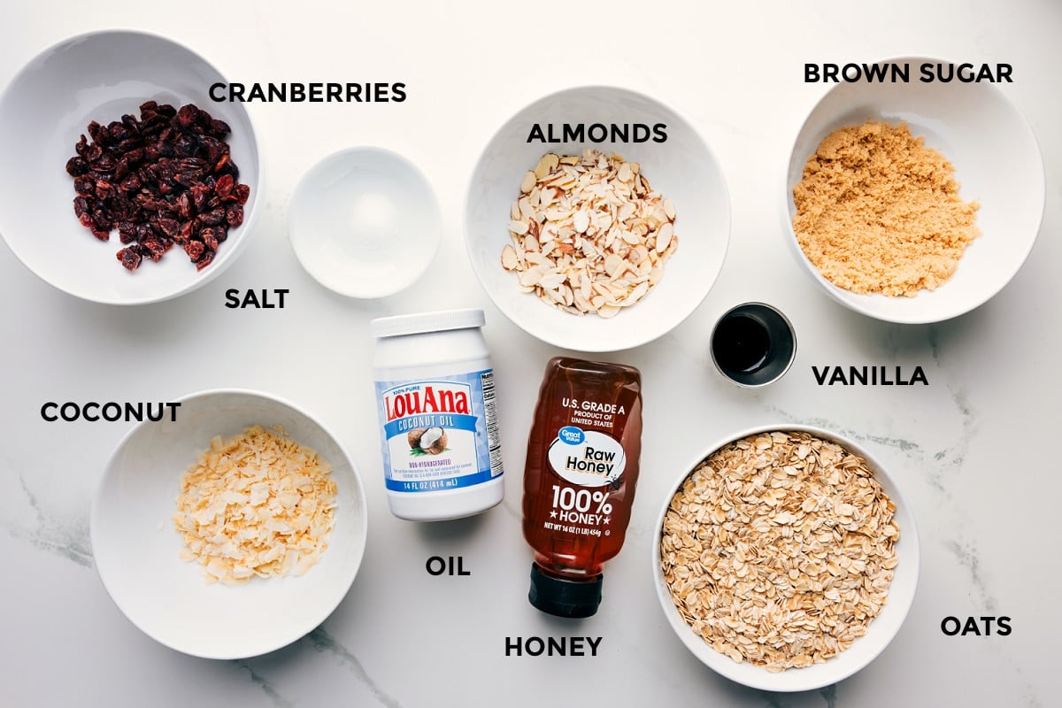 All the ingredients for Honey Almond Granola prepped and ready to assemble: cranberries, salt, almonds, brown sugar, vanilla, oats, honey, oil, and coconut.