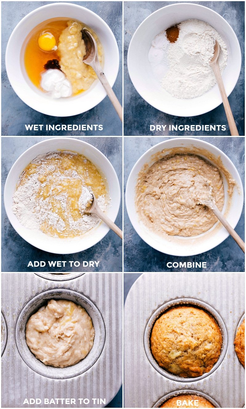 Images of the wet and dry ingredients for Healthy Banana Muffins; then the wet and dry being combined and mixed together and poured into a muffin tin.