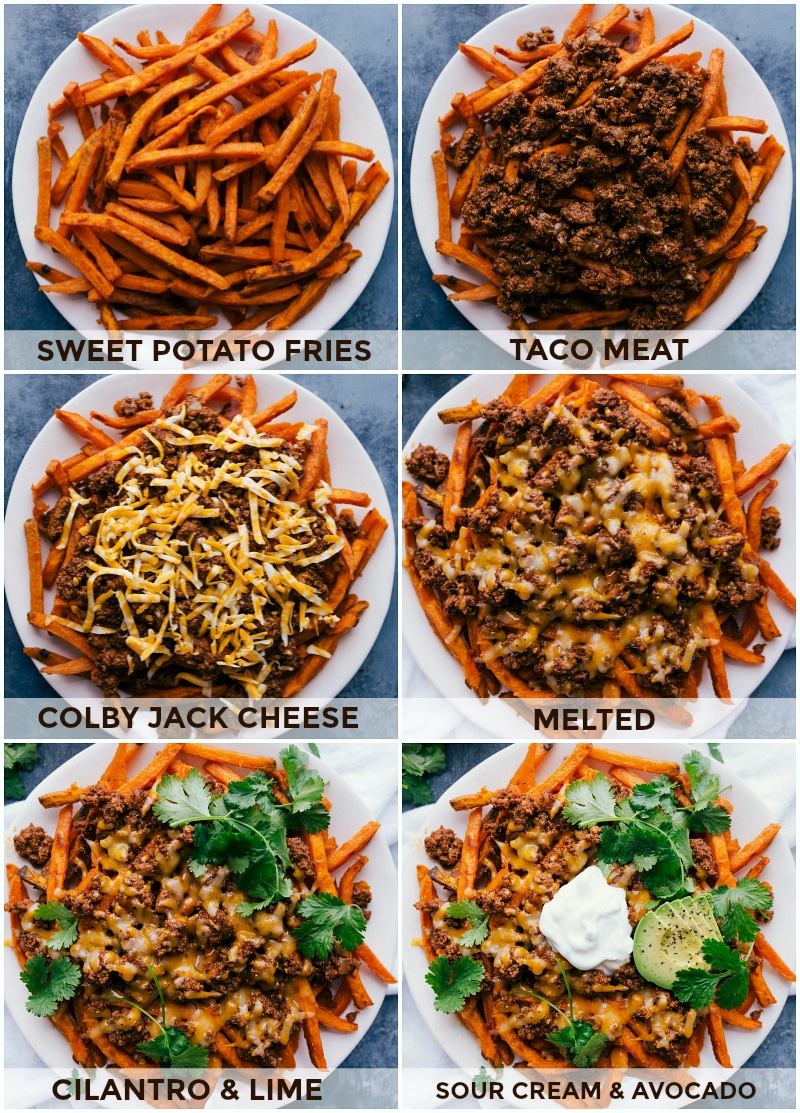 Process shots-- images of the sweet potato fries being topped with the meat, cheese, and other toppings for Loaded Taco Fries.