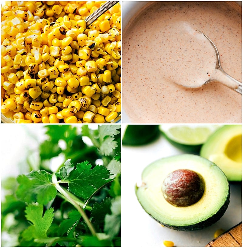 Ingredients In Chicken Tacos Recipe The corn, avocado, cilantro, and sauce used in this recipe.