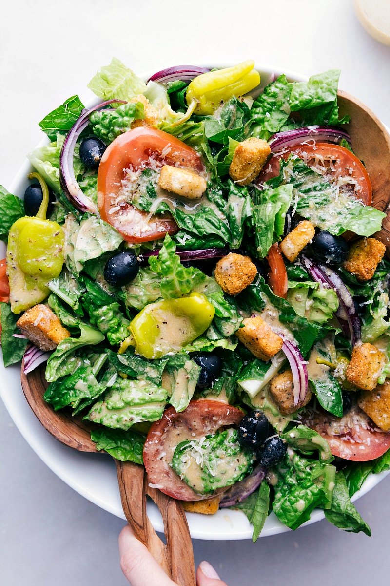 Overhead image of the Olive Garden Salad dressed and ready to be eaten