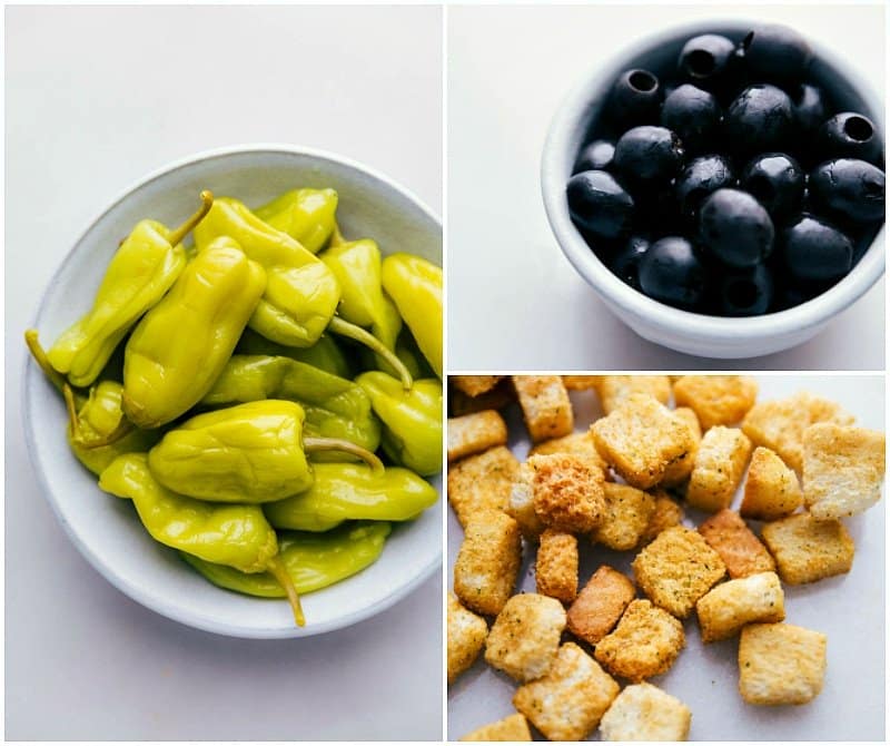 Ingredient shot-- images of the pepperoncini, croutons, and olives that go in this salad