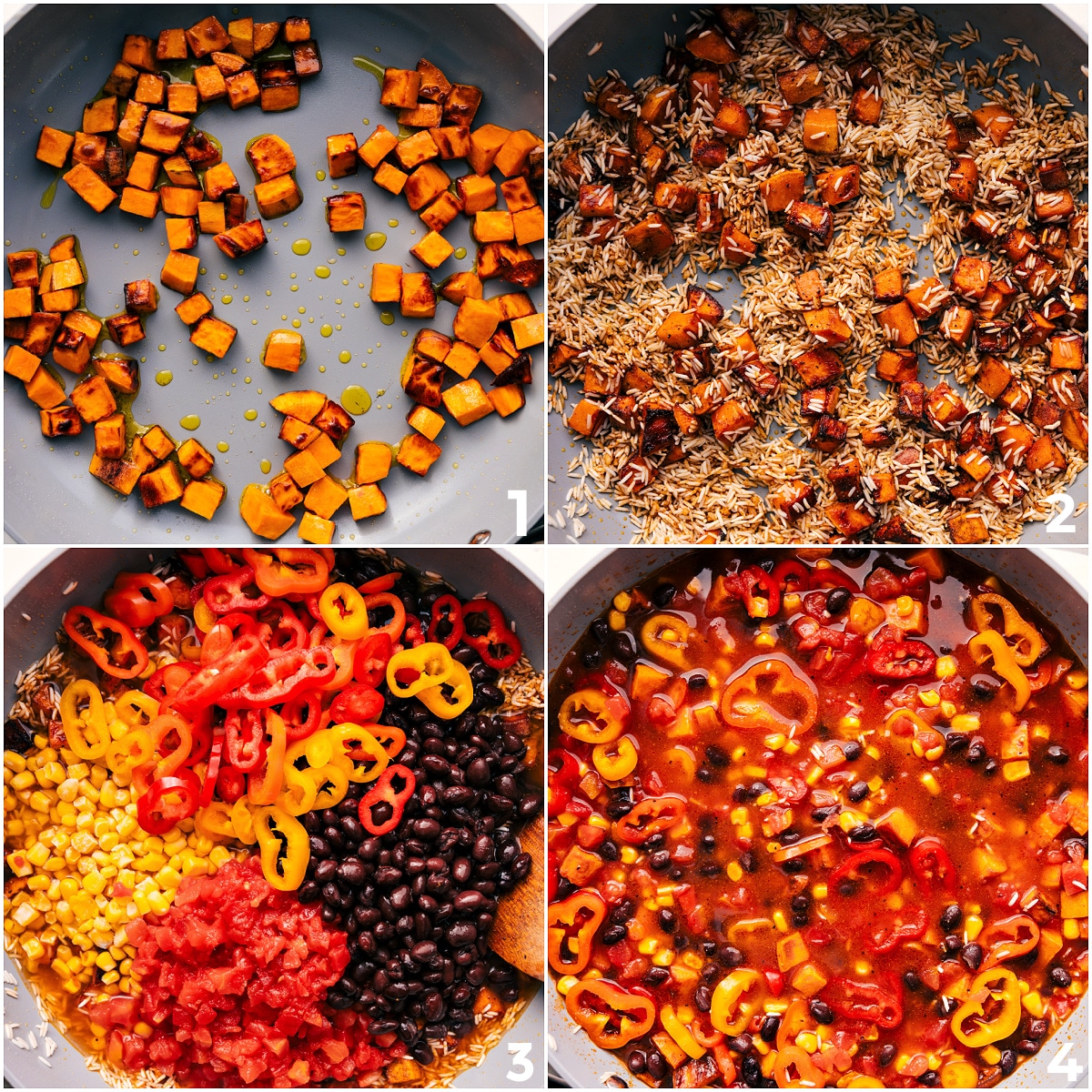 How To Make This One Skillet Sweet Potato Burrito Bowls All the ingredients for these One Skillet Sweet Potato Burrito Bowls being added to the skillet, except the cheese, to cook together for a delicious one pot meal.