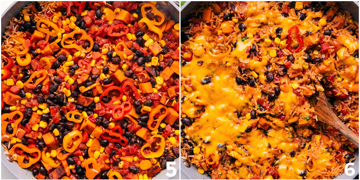 The Best Weeknight Dinner: One Skillet Sweet Potato Burrito Bowls The one pan dinner cooked through with cheese melted on top.