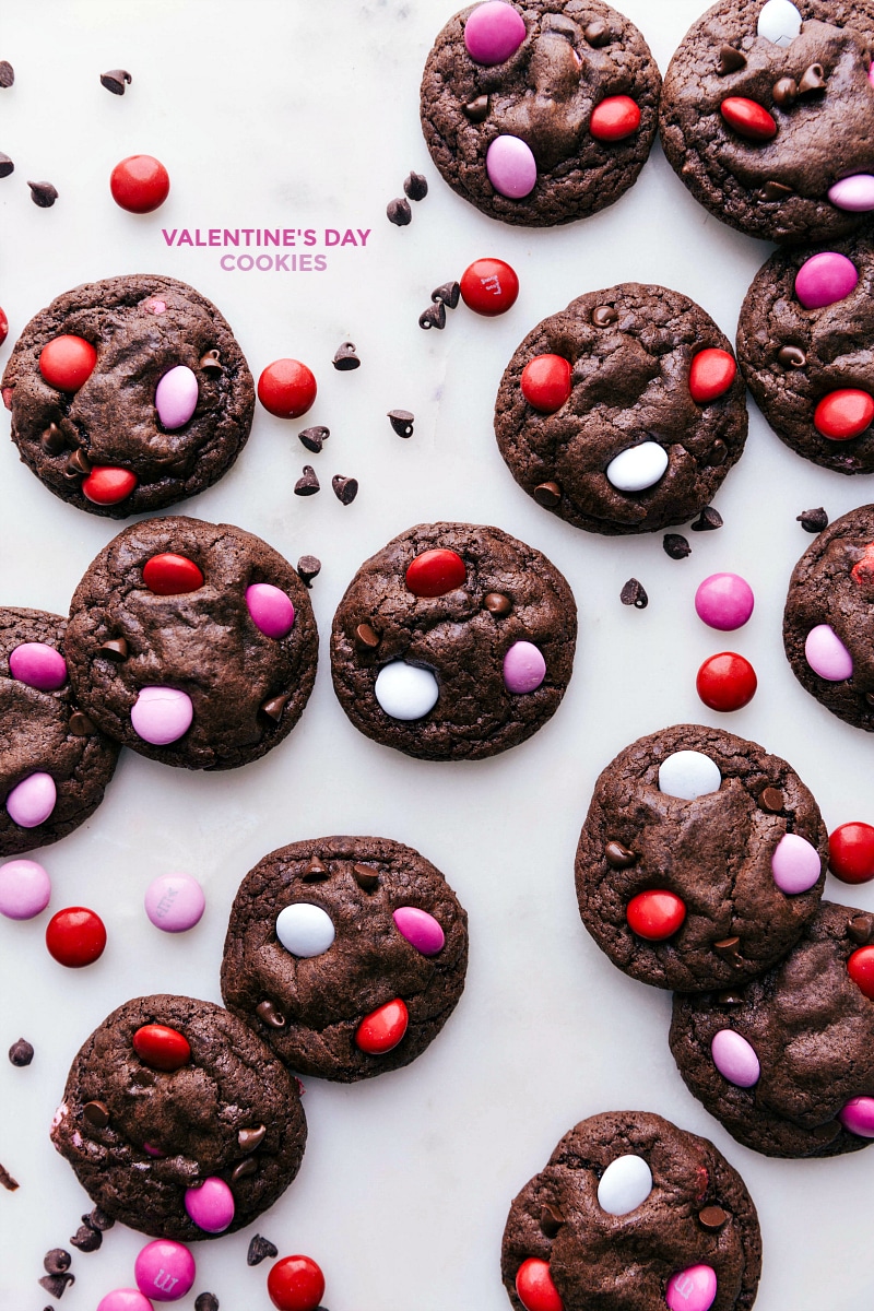 Overhead image of Valentine Cookies baked and ready to be eaten.