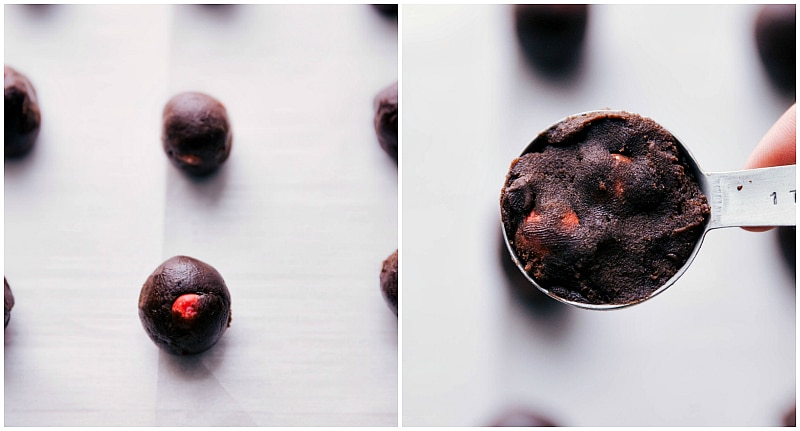 Process shots-- images of the cookie dough being measured and then rolled onto the sheet pan to be baked.