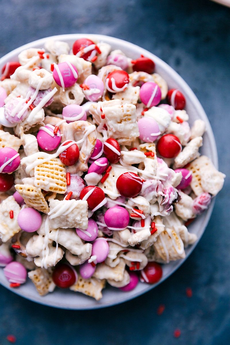 Up-close overhead photo of the finished Valentine Snack Mix.