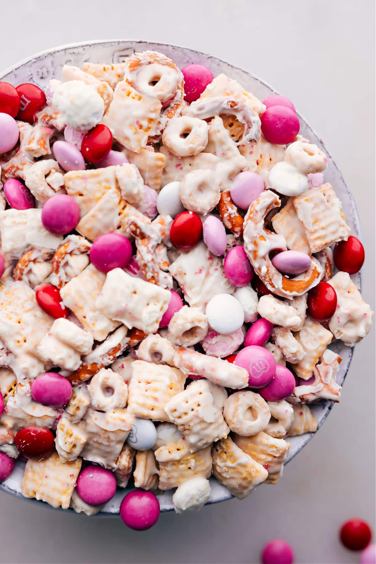 Big bowl of Valentine Snack Mix ready to be enjoyed.
