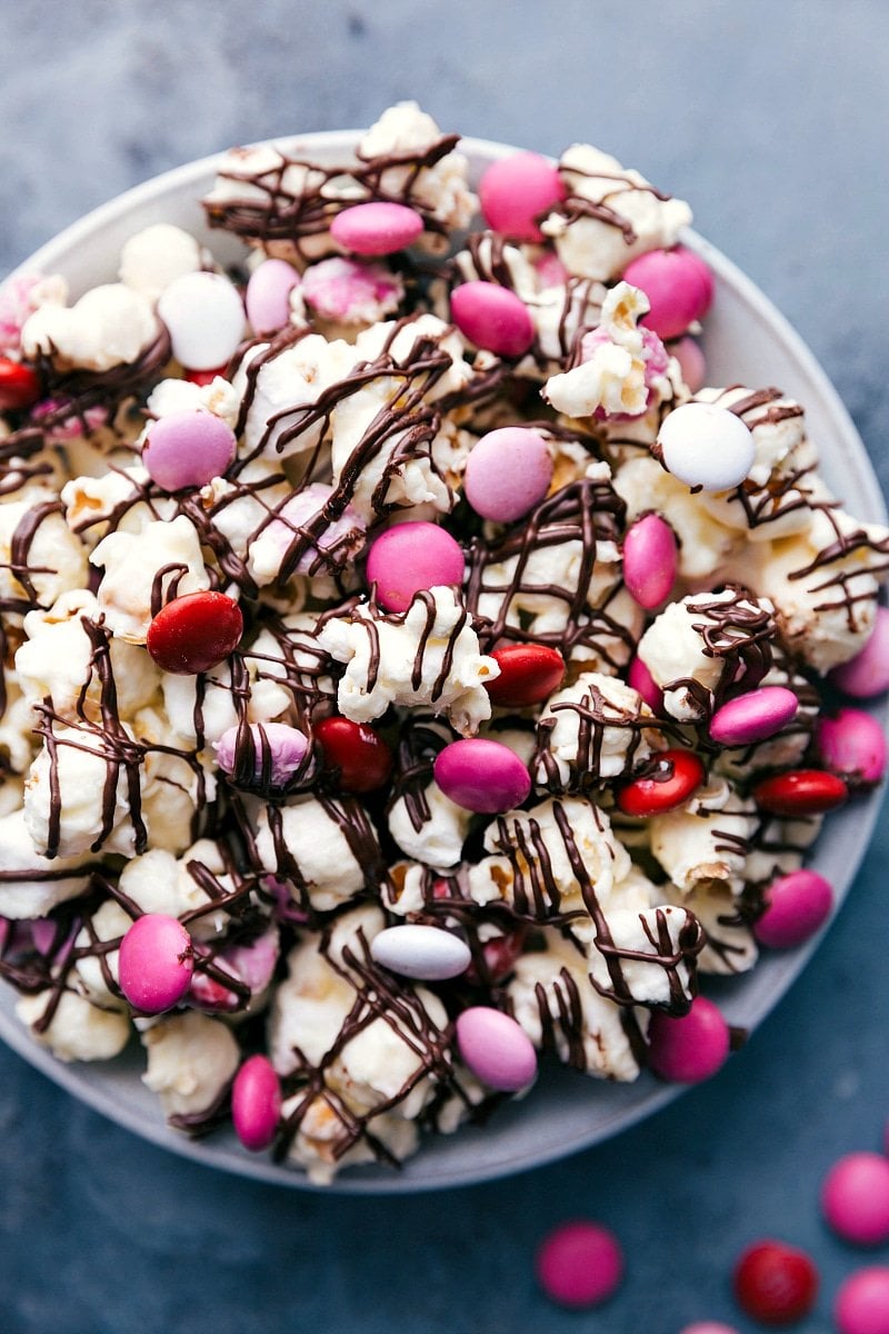 Bowl of valentine's popcorn, a sweet treat ready to be enjoyed.