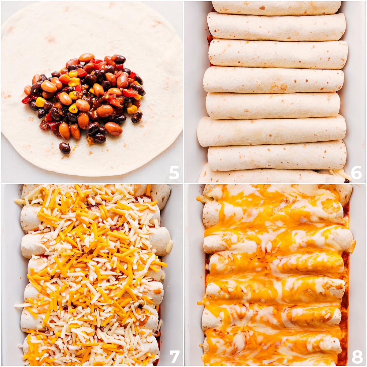 Stuffing, rolling, and placing each tortilla in the pan before covering with cheese and baking.

