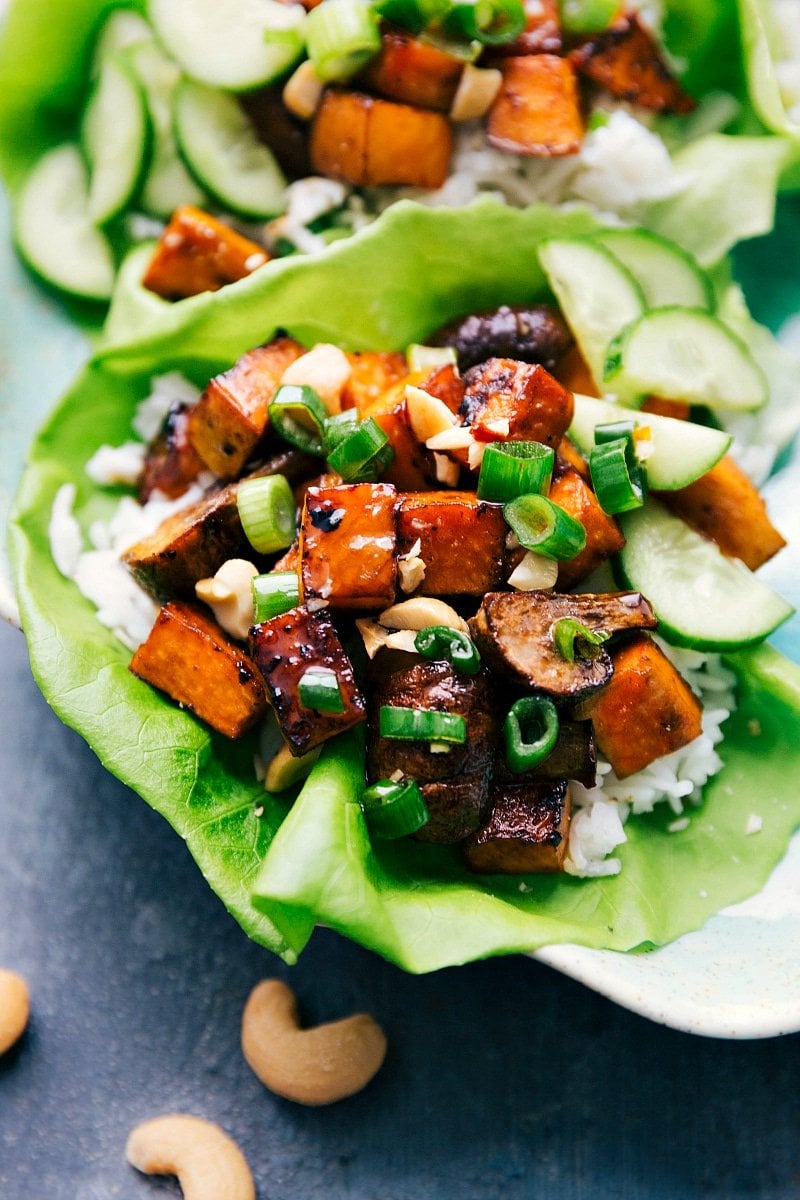 Up close image of one of the healthy vegetarian lettuce wraps ready to be eaten