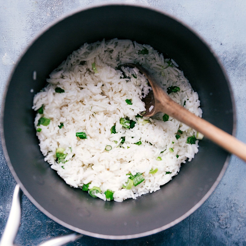 Overhead image of the coconut rice that will go in these wraps