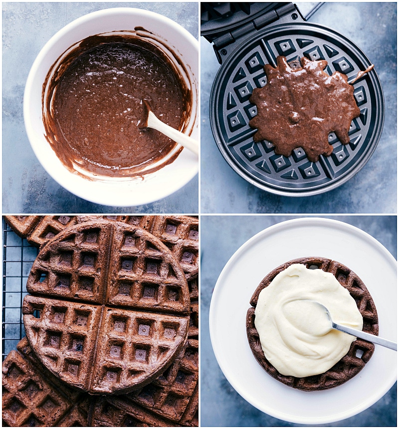 Waffles being freshly made and creamy custard being spread between the layers for the waffle cake recipe.