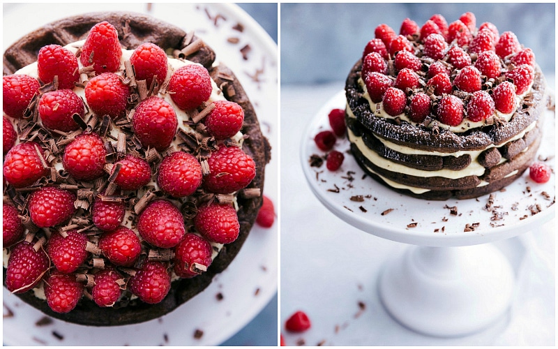 Image of the finished Waffle Cake showing off the top with fresh raspberries and chocolate shavings