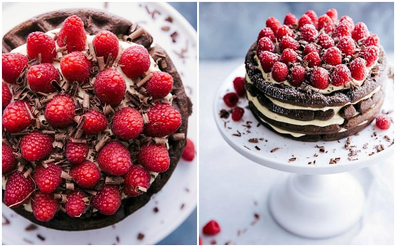 Image of the finished Waffle Cake showing off the top with fresh raspberries and chocolate shavings