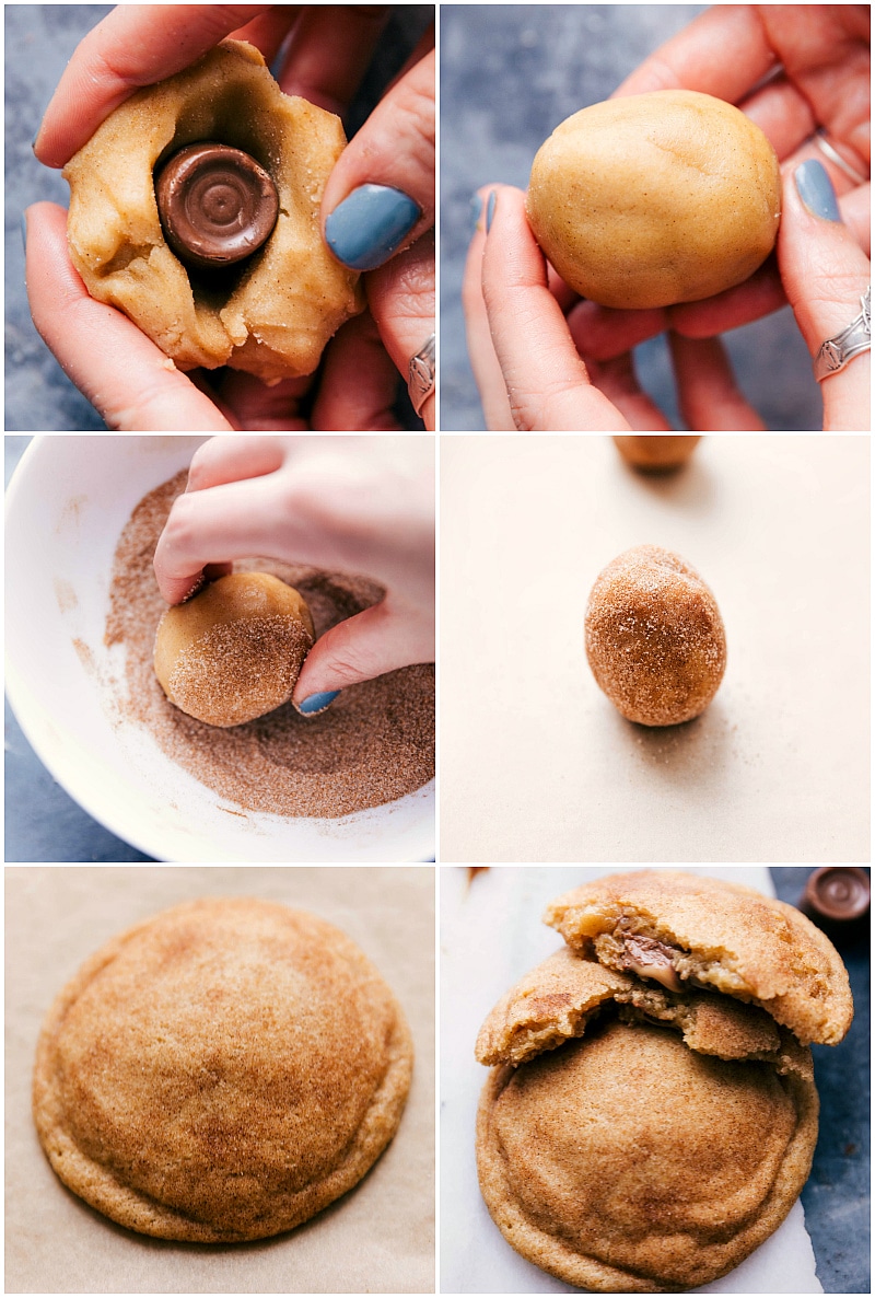 Image of the Rolos being added to the center of the dough balls and then the dough being rolled in cinnamon sugar and baked.