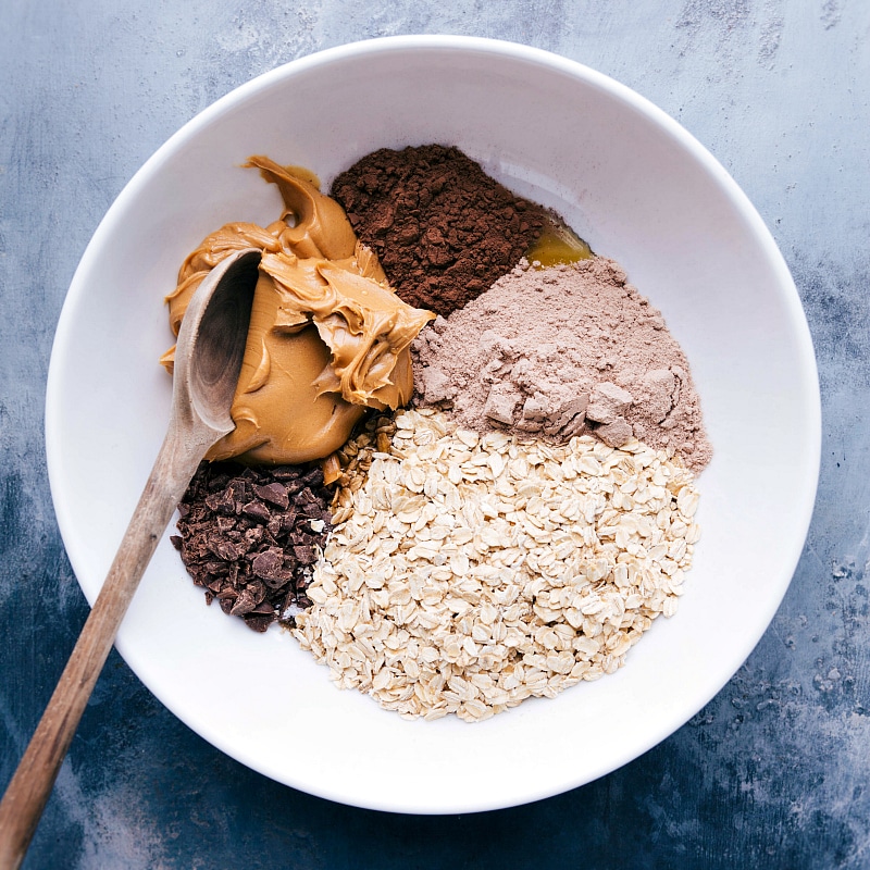 Ingredient shot: a bowl showing all the components of the Chocolate Energy Bites.