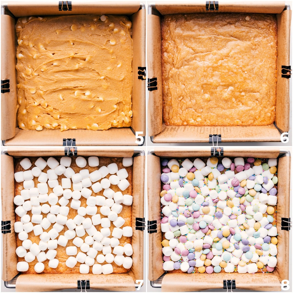 Confetti Bars dough pressed into a pan, par baked, then topped with marshmallows, M&Ms, and sprinkles for a quick final bake.