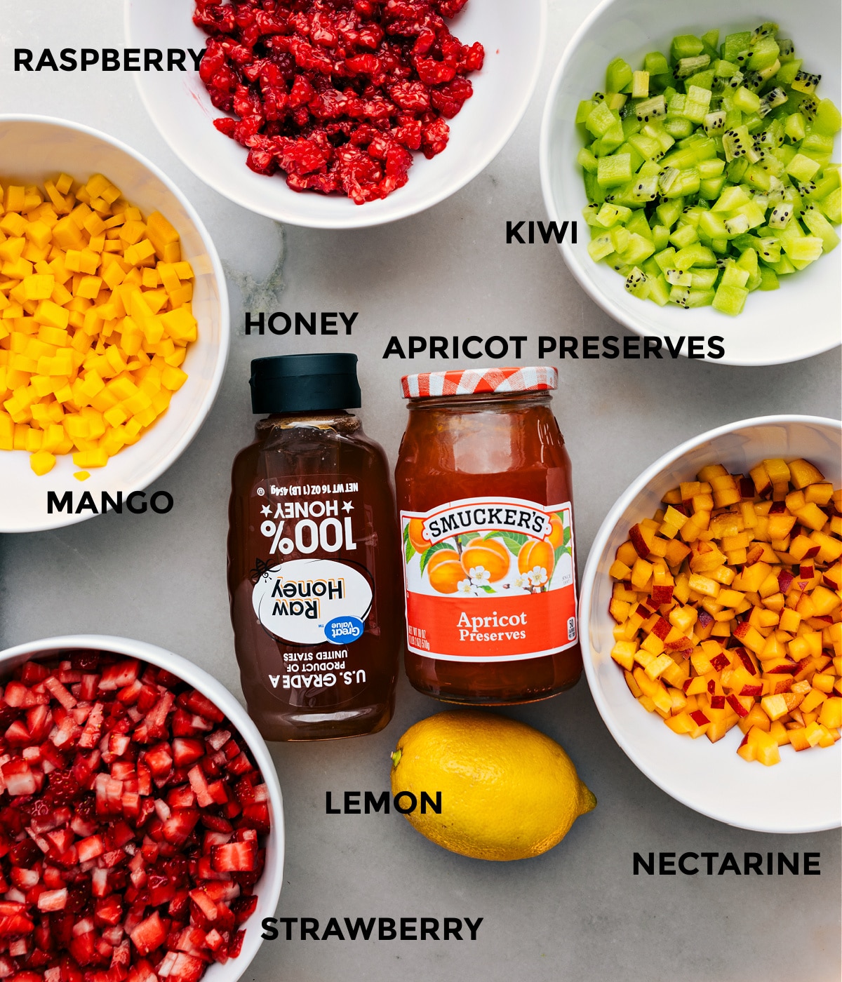 All the ingredients in this recipe prepped in bowl for easy assembly.