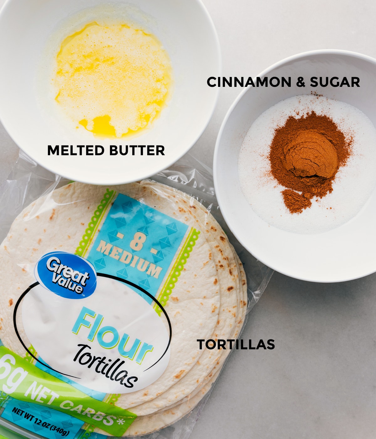 All the ingredients in these cinnamon chips prepped out.