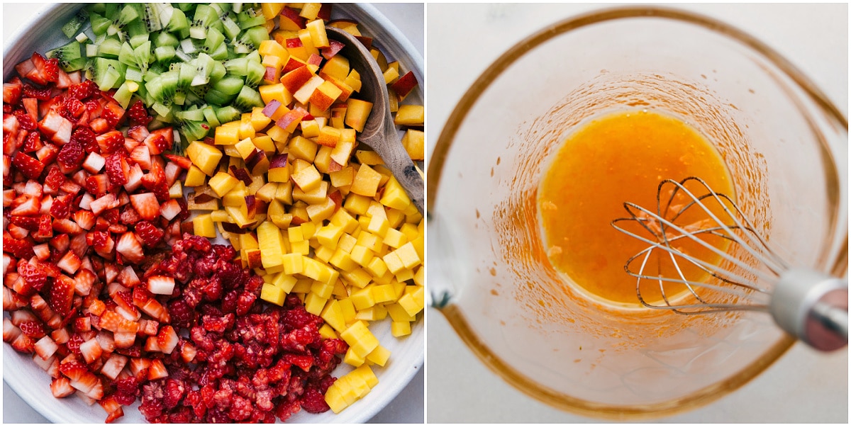 Vaisių salsa ruošiama dubenyje ir abrikosų glajus suplakamas.