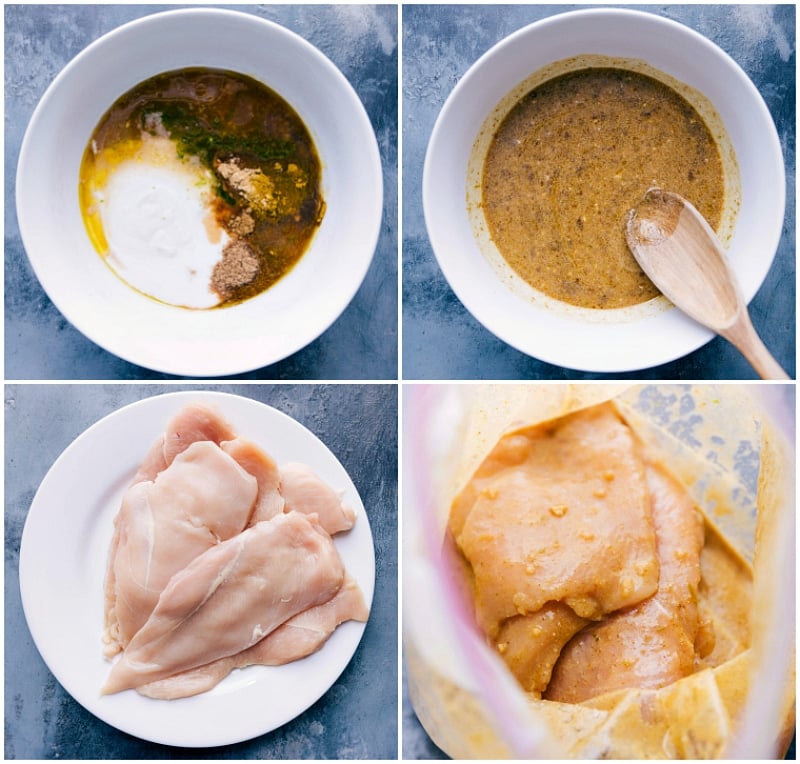 Overhead image of the marinade being made; the chicken being added to the marinade; chicken added to a plastic bag to marinate.