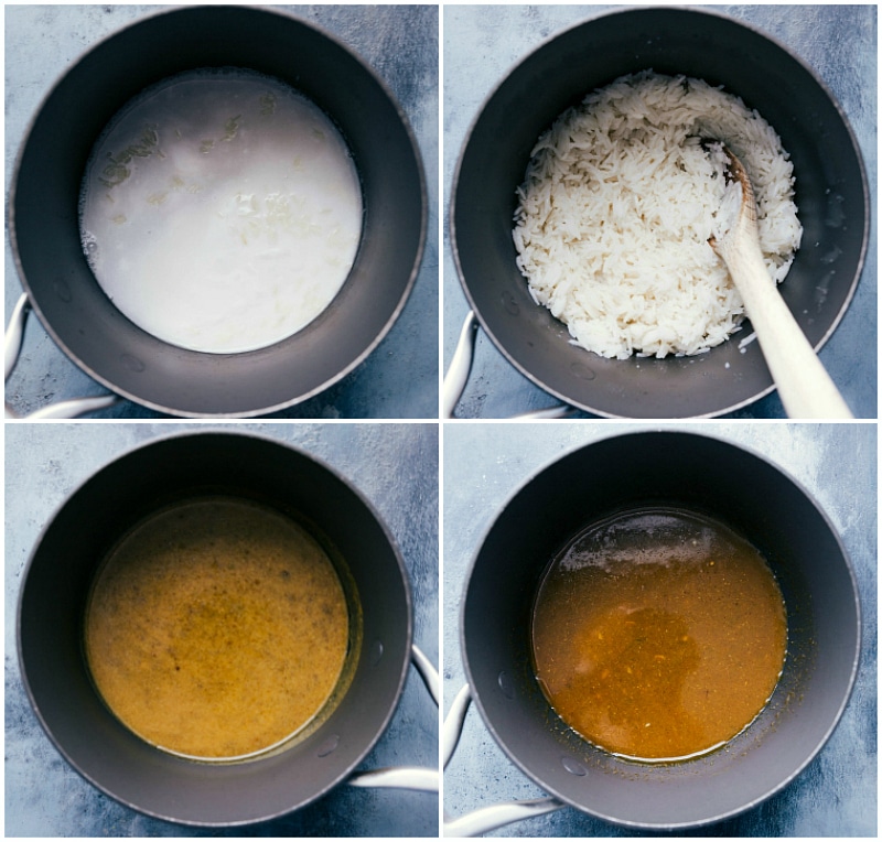 Preparation of creamy coconut rice alongside the simmering of a rich curry sauce, intended for grilled curry chicken.