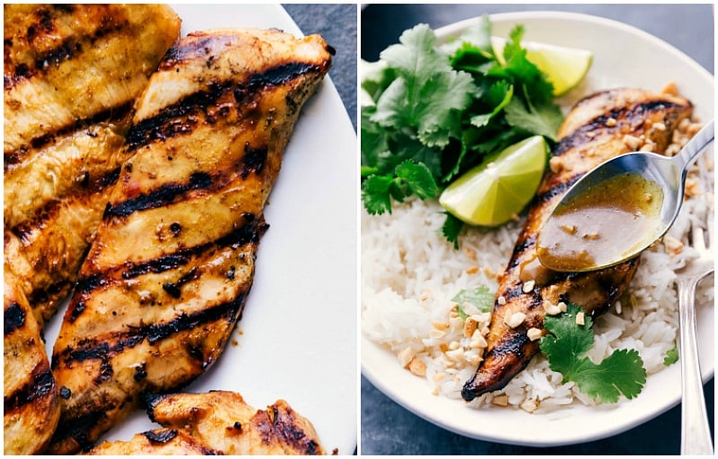 Freshly grilled chicken with charred marks, enhanced by extra curry sauce drizzled over the top.