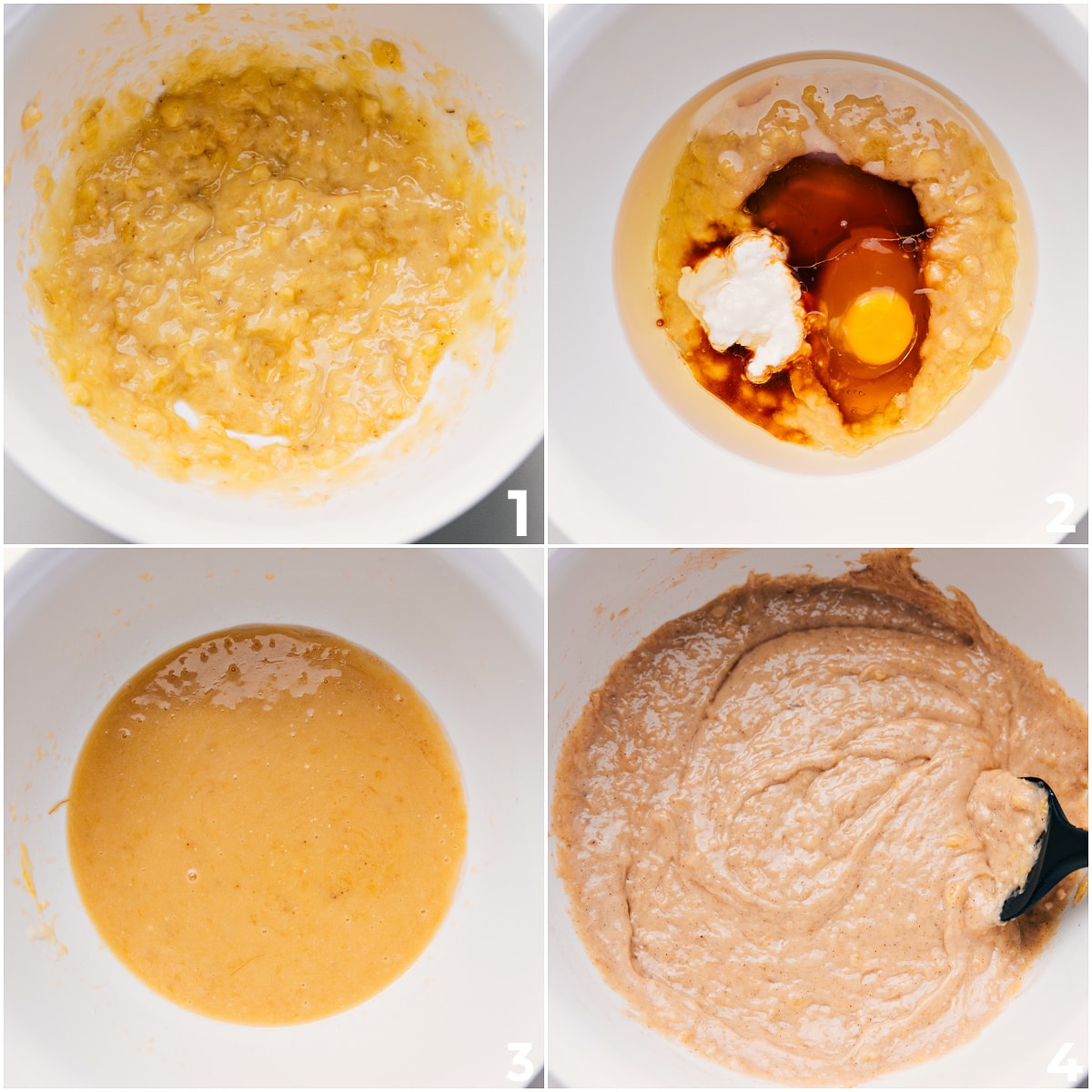 Mash the bananas in a bowl, then mix the rest of the wet ingredients together to make the healthy banana muffin batter.