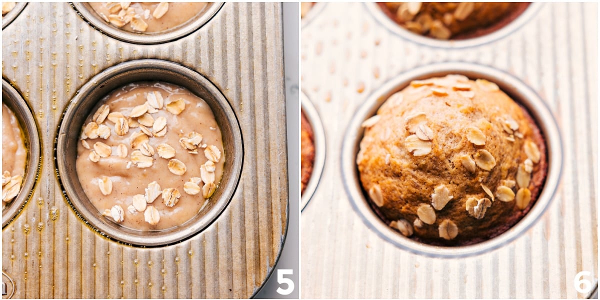 Pour the batter into each muffin tin, top with oats, and bake to perfection.