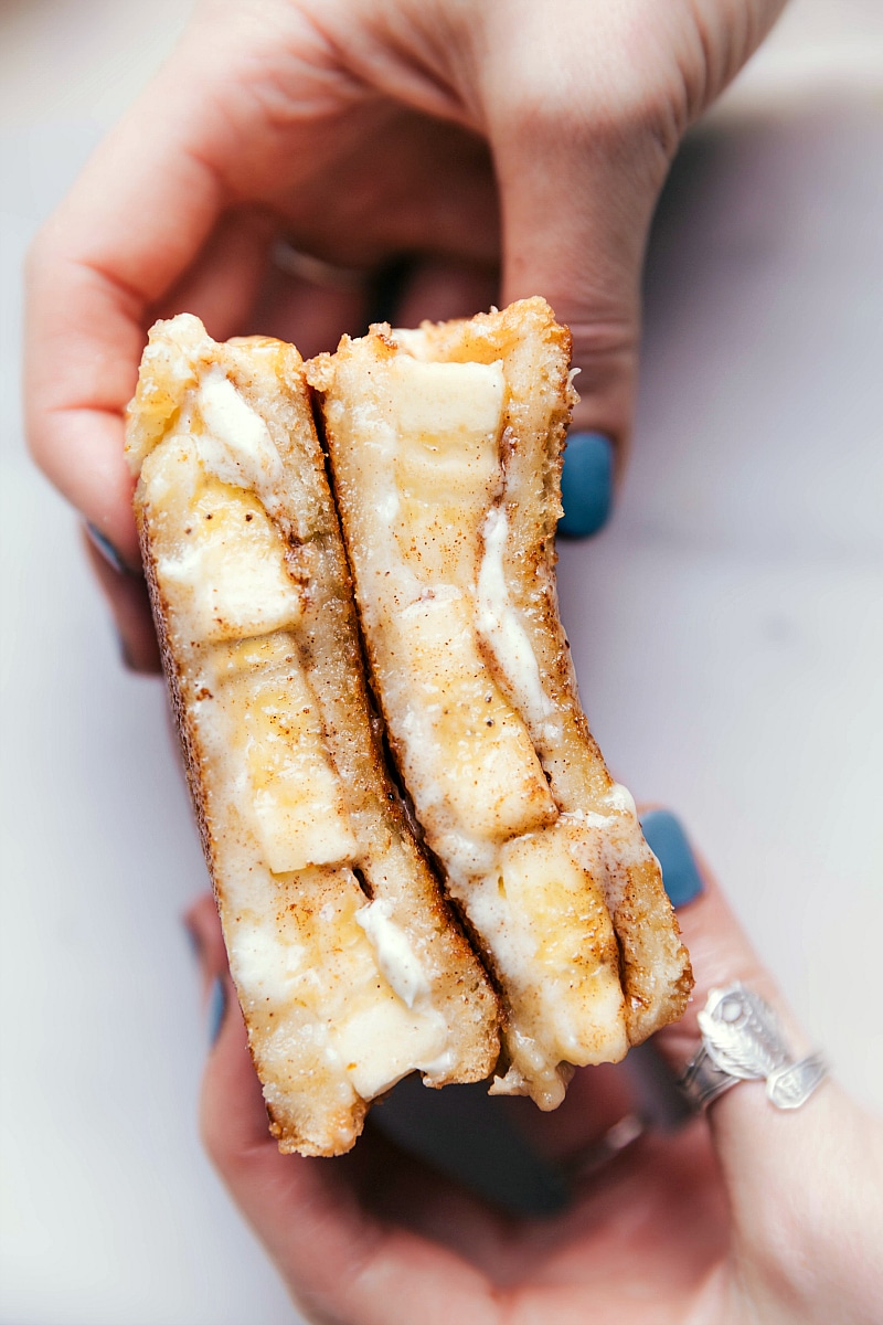 Image of the Honey and Banana Sandwich cut in half, showing the inside of both sides