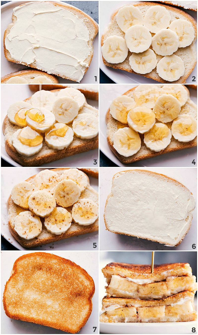 Process shots-- images of the mascarpone cheese being spread, bananas being added, and honey being drizzled over; and then the sandwich being grilled