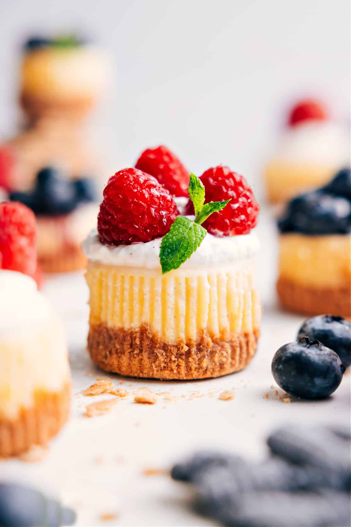 The Most Decadent And Delicious Mini Cheesecake Recipe Mini Cheesecake Recipe topped with fresh whipped cream, raspberries, and mint.