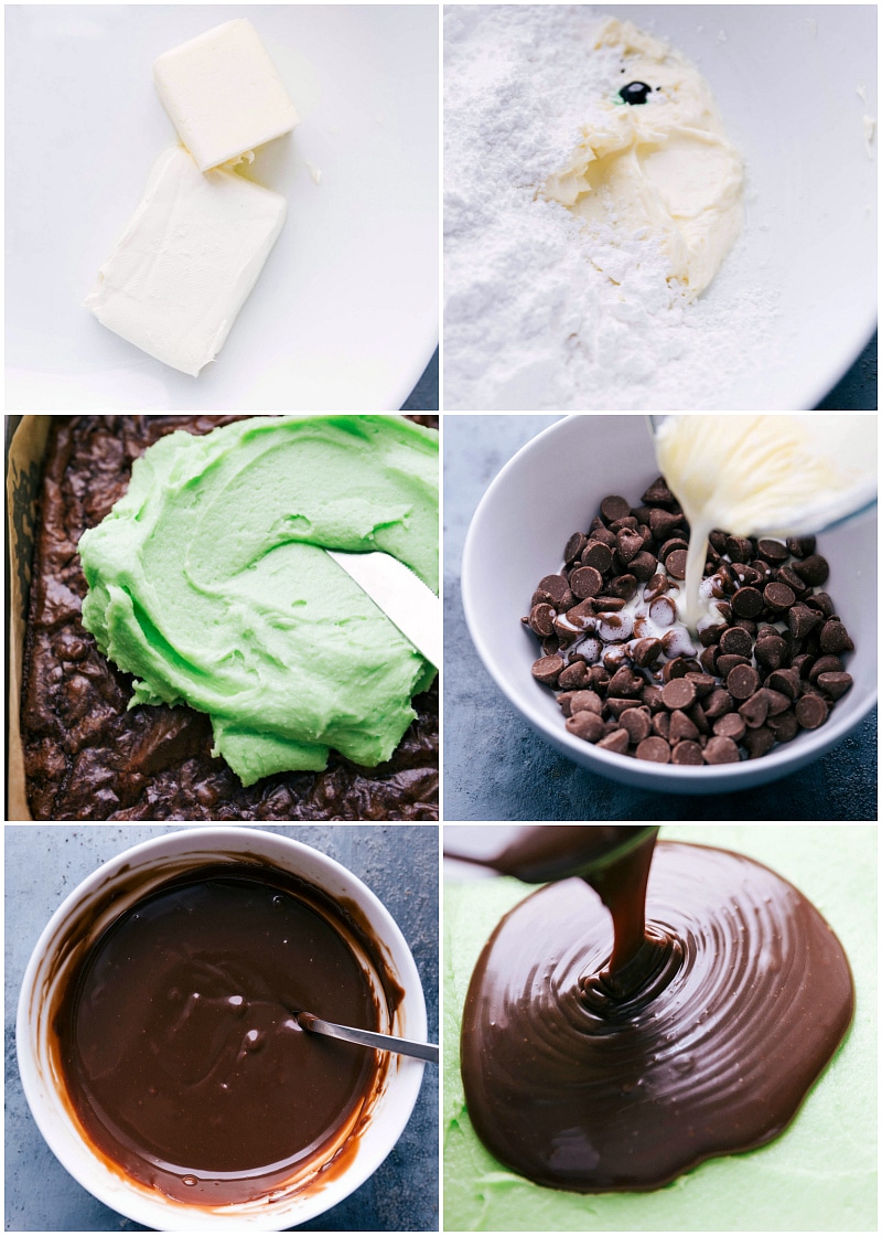 Images of the mint frosting being made; the chocolate being melted and added on top of the frosting layer of the brownies.