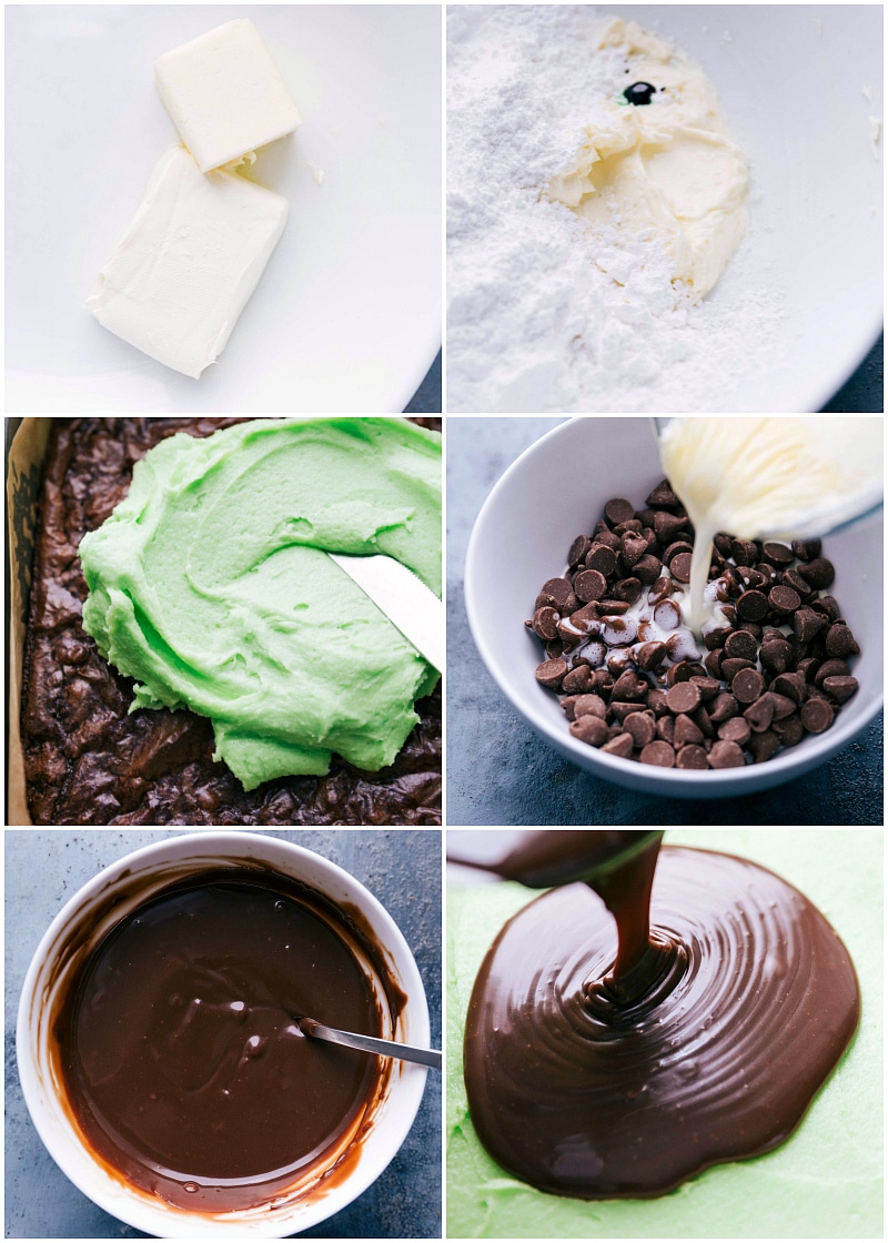 The preparation of frosting and melting chocolate to pour on top of the frosting layer.